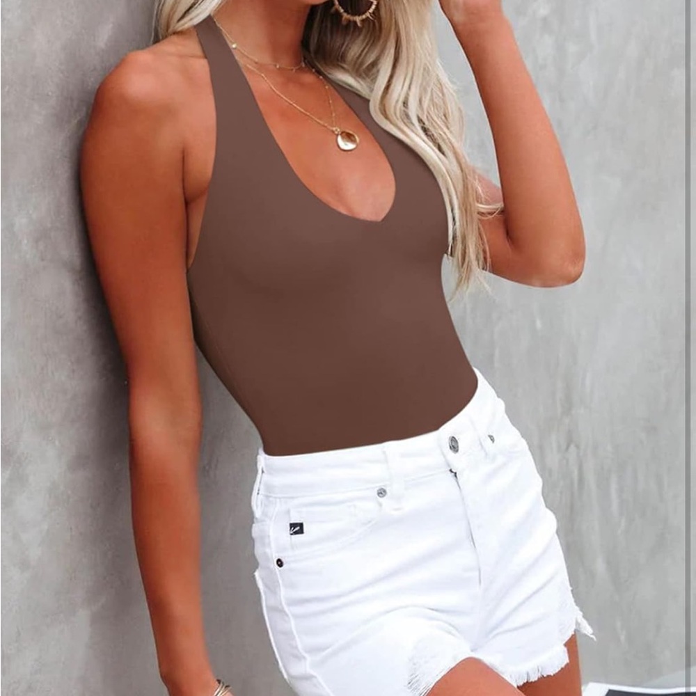 REORIA Sexy Halter V Neck Sleeveless Backless Slimming Y2k Tank Top Bodysuit MED